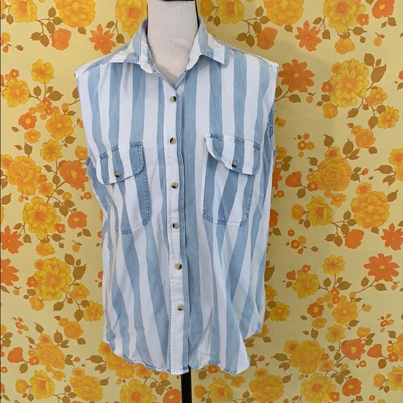 Vintage 90s Denim Stripe Button Down Shirt - Picture 1 of 8